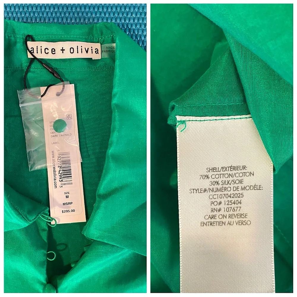 Alice + Olivia Joey Emerald Green Button Front Silk Blend Smocked Blouse - Picture 13 of 15